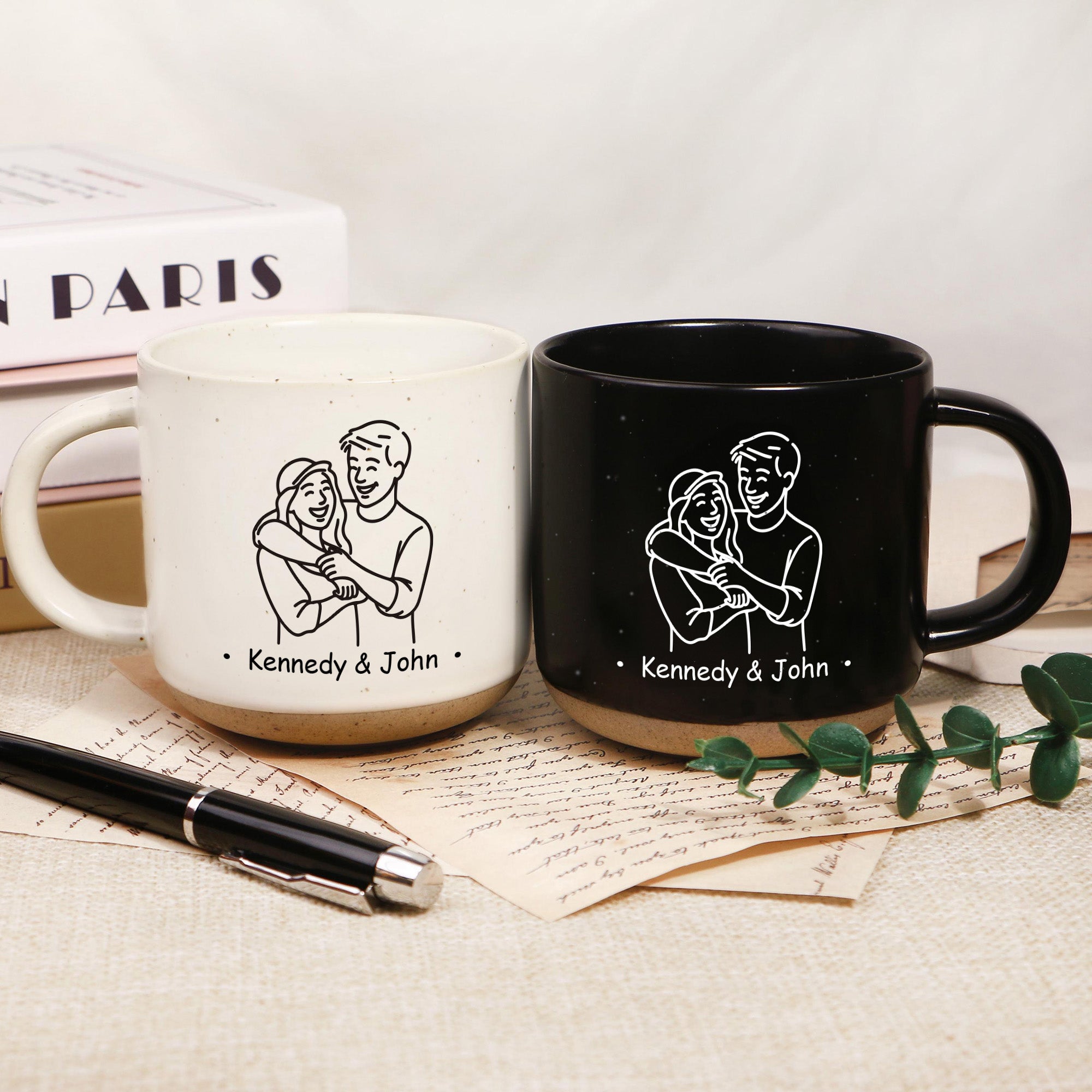 Taza de cerámica de 12 oz con asa y nombre Personalizada con foto de pareja estilo Line Art Regalo de aniversario de San Valentín para pareja