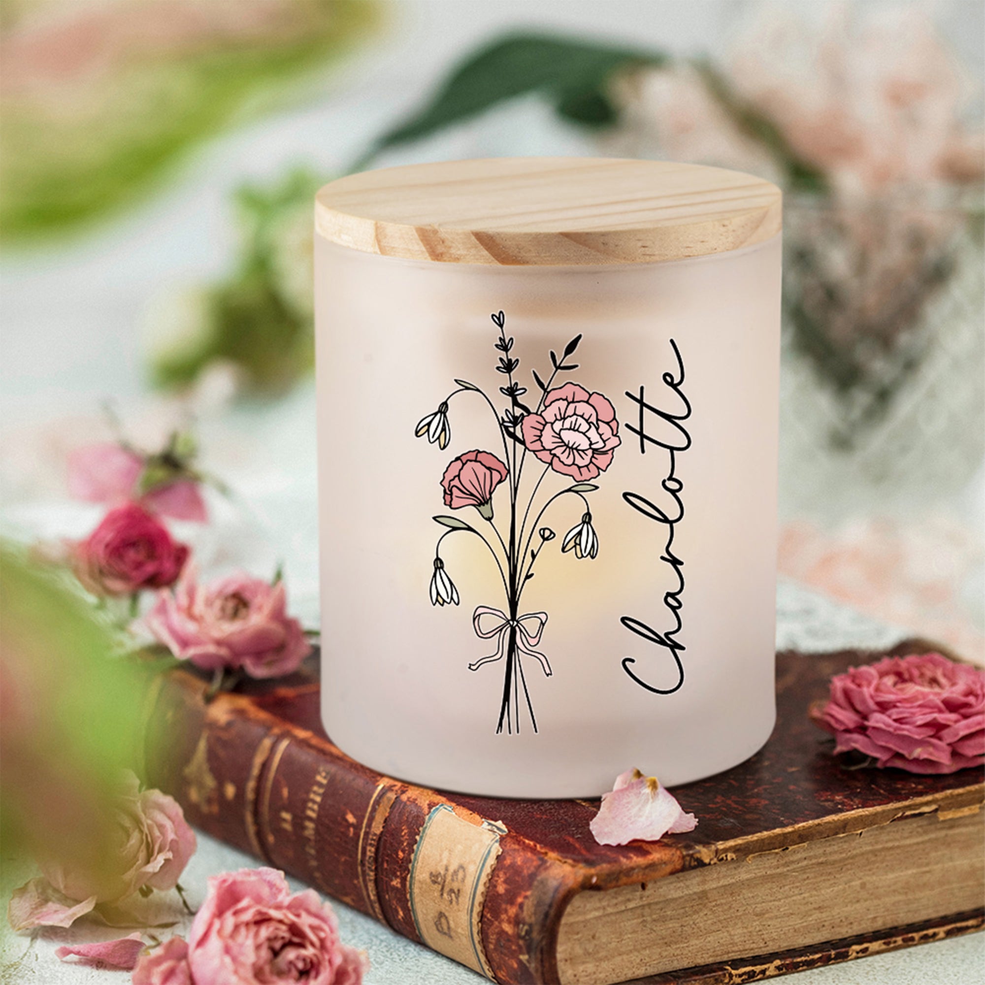 Personalizada Nacimiento Ramo de flores LED Tarro de vela con nombre y tapa de madera Navidad Cumpleaños Regalo para amigos de la familia