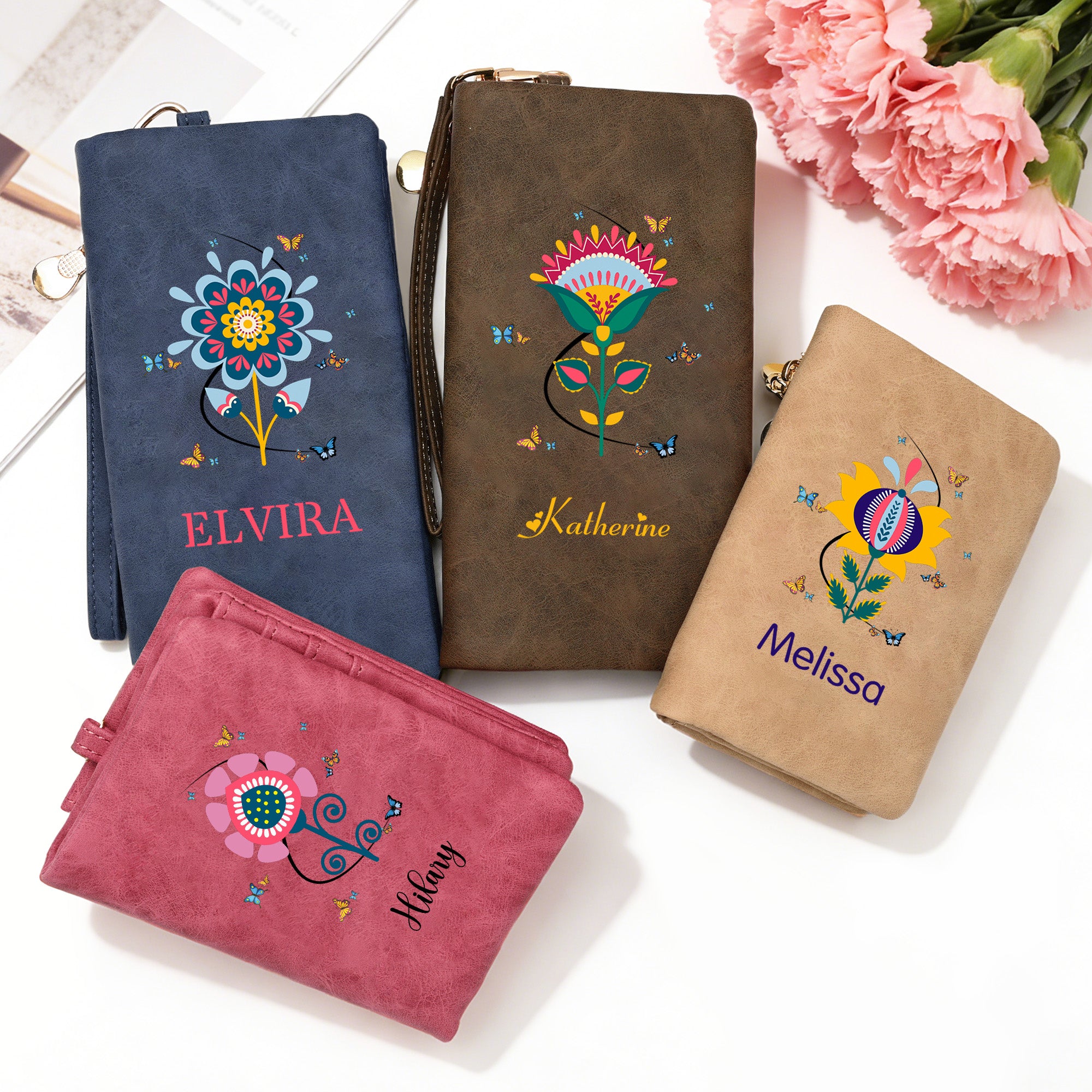 Personalizado Folk Art Flor Cartera de cuero de la PU portátil con titular de la tarjeta y el nombre Día de la Madre Cumpleaños de regalo para las mujeres