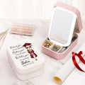 Personalizado Cartoon Graduate Character PU Caja de joyería de cuero con nombre y LED de tres colores ajustable Espejo de maquillaje Regalo de graduación para las mujeres