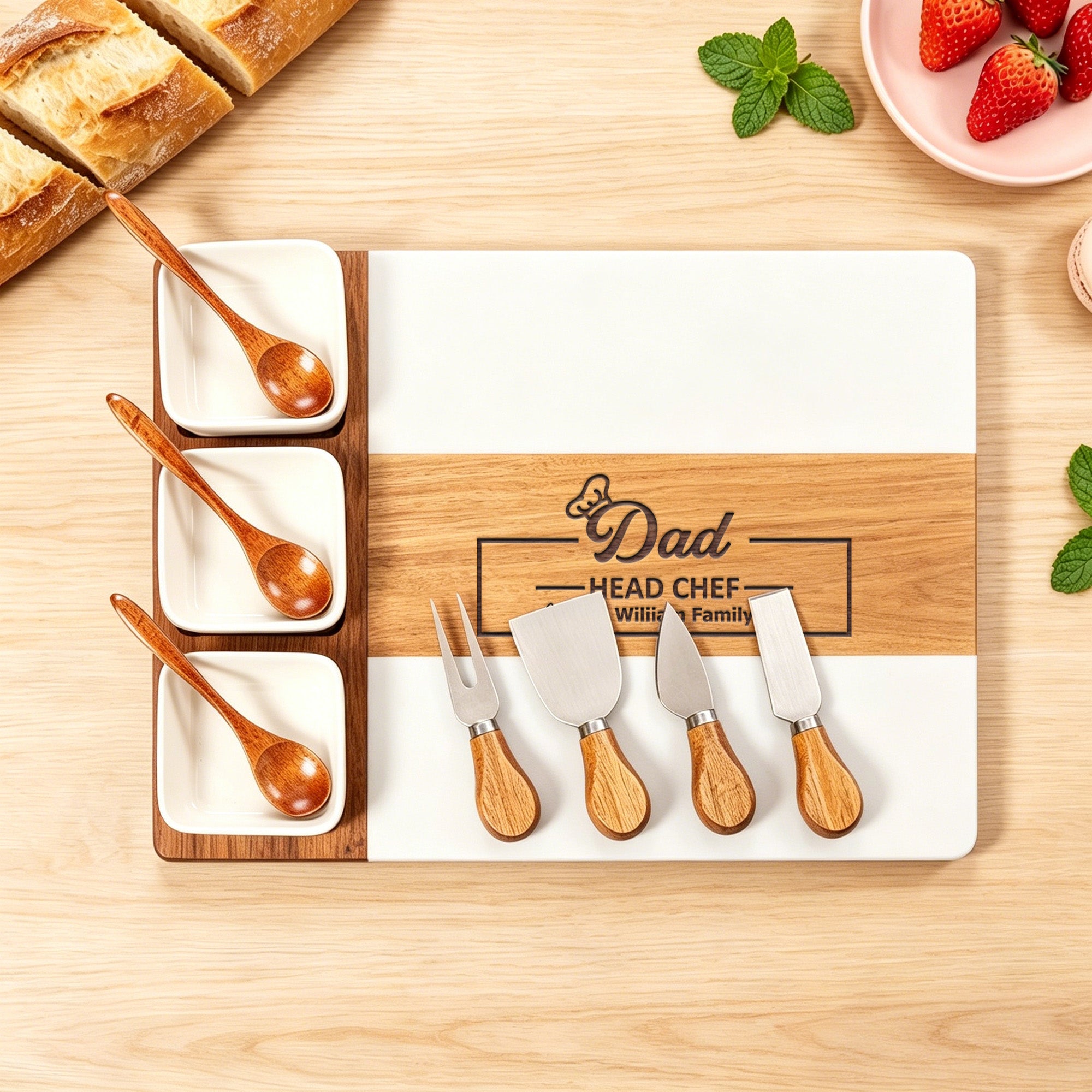 Personalizado Grabado Texto Jefe Chef Papá Acacia Mármol Tabla de Cortar Posavasos Set con Tazón y Cuchara Día del Padre Housewarming Regalo para Padre Familia