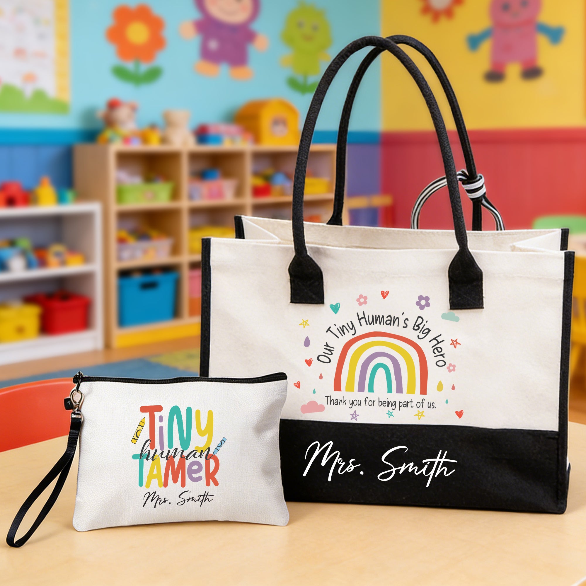 Personalizada Tiny Human's Tamer Bolsa Tote de Gran Capacidad Bolsa de Maquillaje Portátil con Nombre Uso Diario Guardería Preescolar Día del Profesor Regalo para Profesor