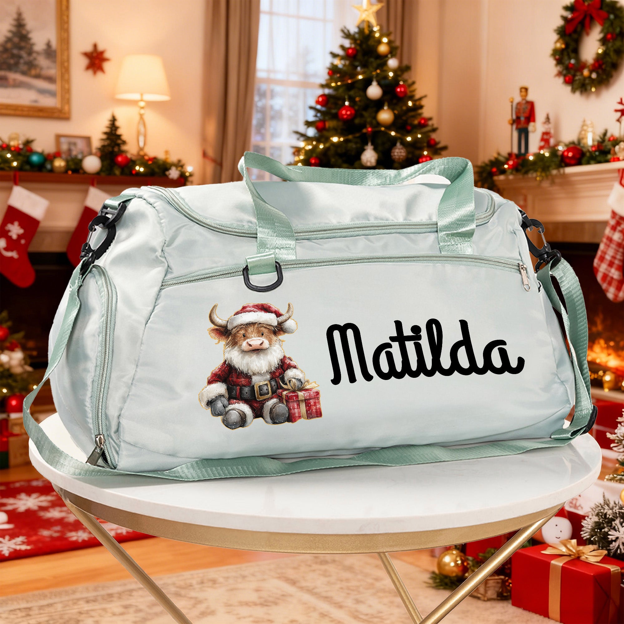 Vaca Highland personalizada Bolsa de lona impermeable con múltiples compartimentos, correa para el hombro y nombre Regalo de Navidad de cumpleaños para mujer