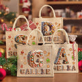 Personalizado de dibujos animados de pan de jengibre de gran capacidad de yute Bolsa de asas con el nombre y la inicial de uso diario de Navidad Fiesta de Regalo para las Mujeres Amigos de la Familia