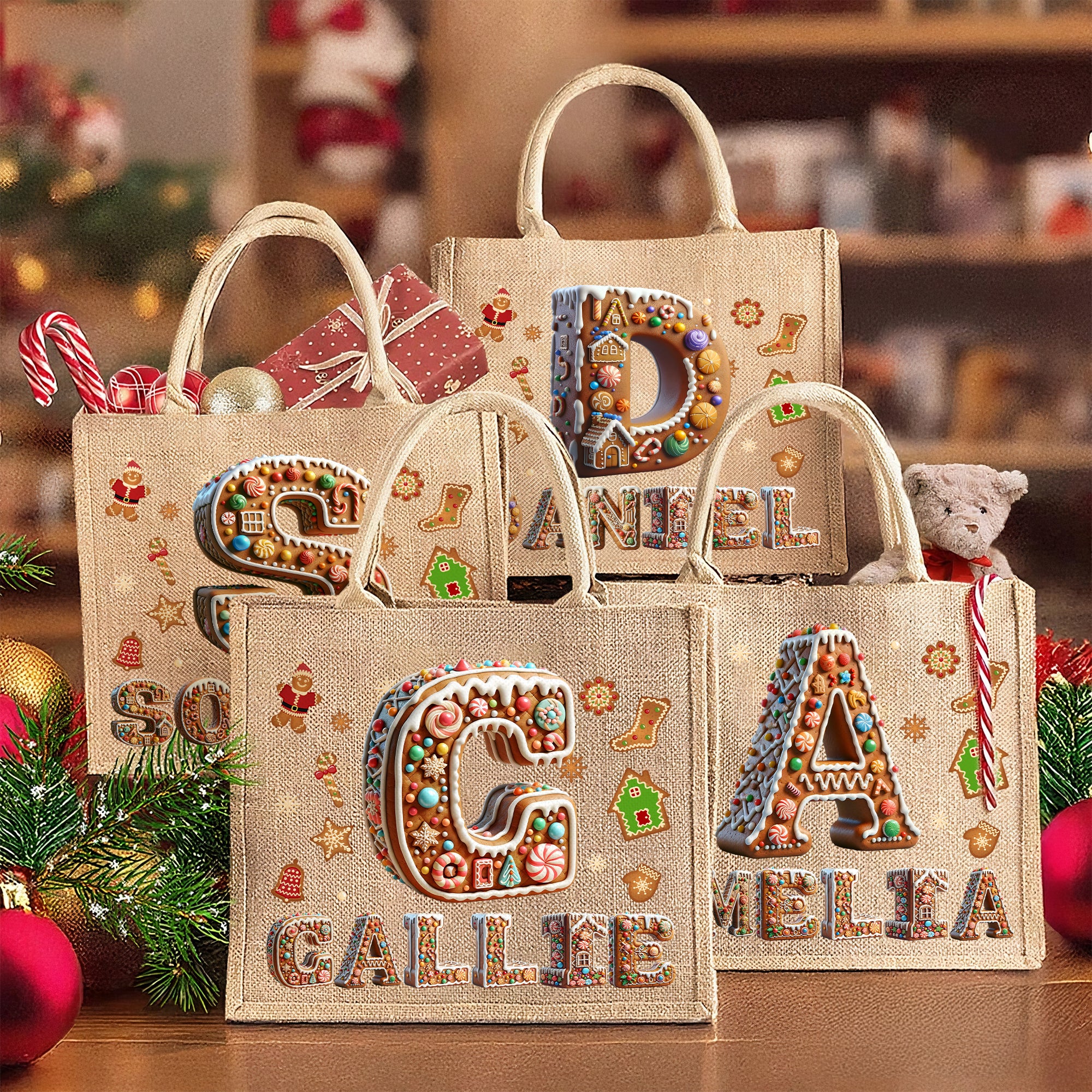 Personalizado de dibujos animados de pan de jengibre de gran capacidad de yute Bolsa de asas con el nombre y la inicial de uso diario de Navidad Fiesta de Regalo para las Mujeres Amigos de la Familia