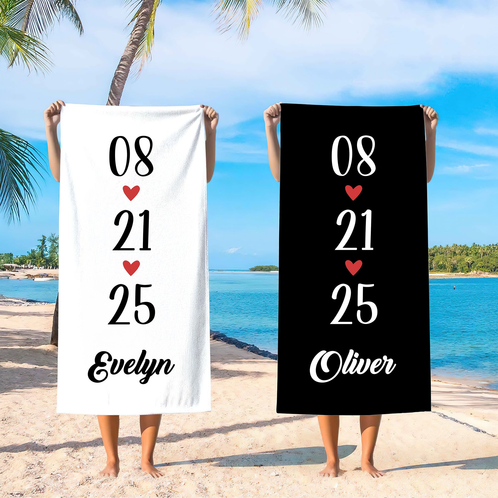 Toalla de playa de microfibra de secado rápido personalizada con estampado de corazones para parejas con nombre y fecha Regalo de San Valentín para parejas Casados