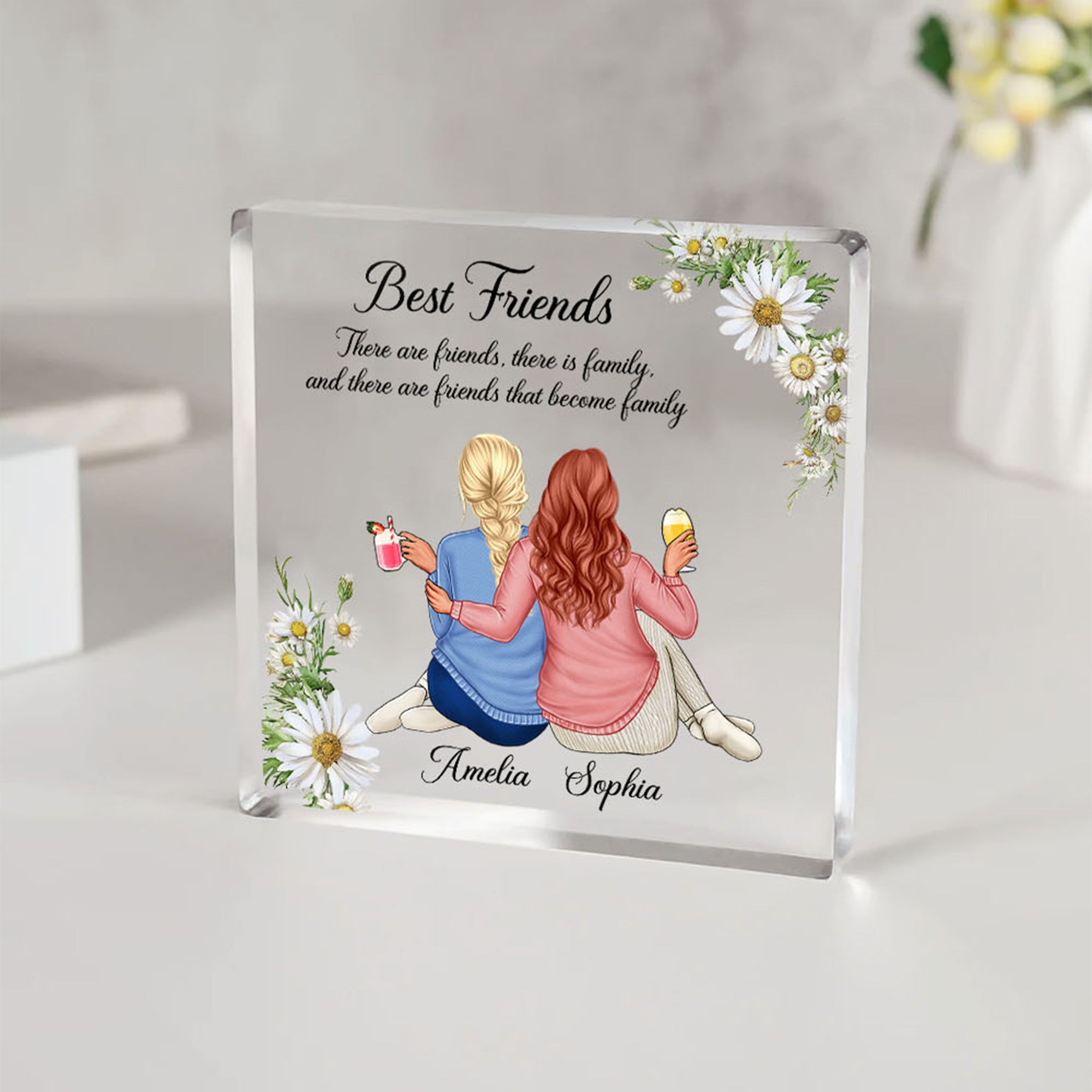 Personalizada Personajes de dibujos animados Volver Vista Nacimiento Flor Cuadrado Placa de acrílico con nombre Decoración del Hogar Cumpleaños Aniversario Regalo para Mujeres Mejores Amigos