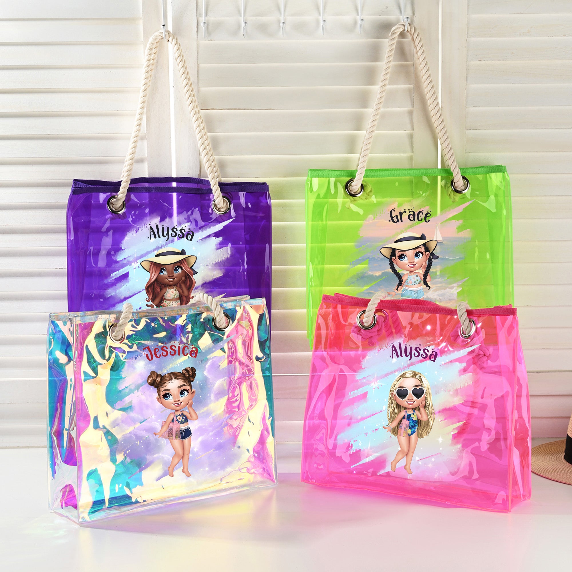 Personalizada Dibujos animados Verano Brillante De Moda Niña Bolsa Transparente Impermeable Con Nombre Piscina Fiesta En La Playa Cumpleaños Regalo Para Ella