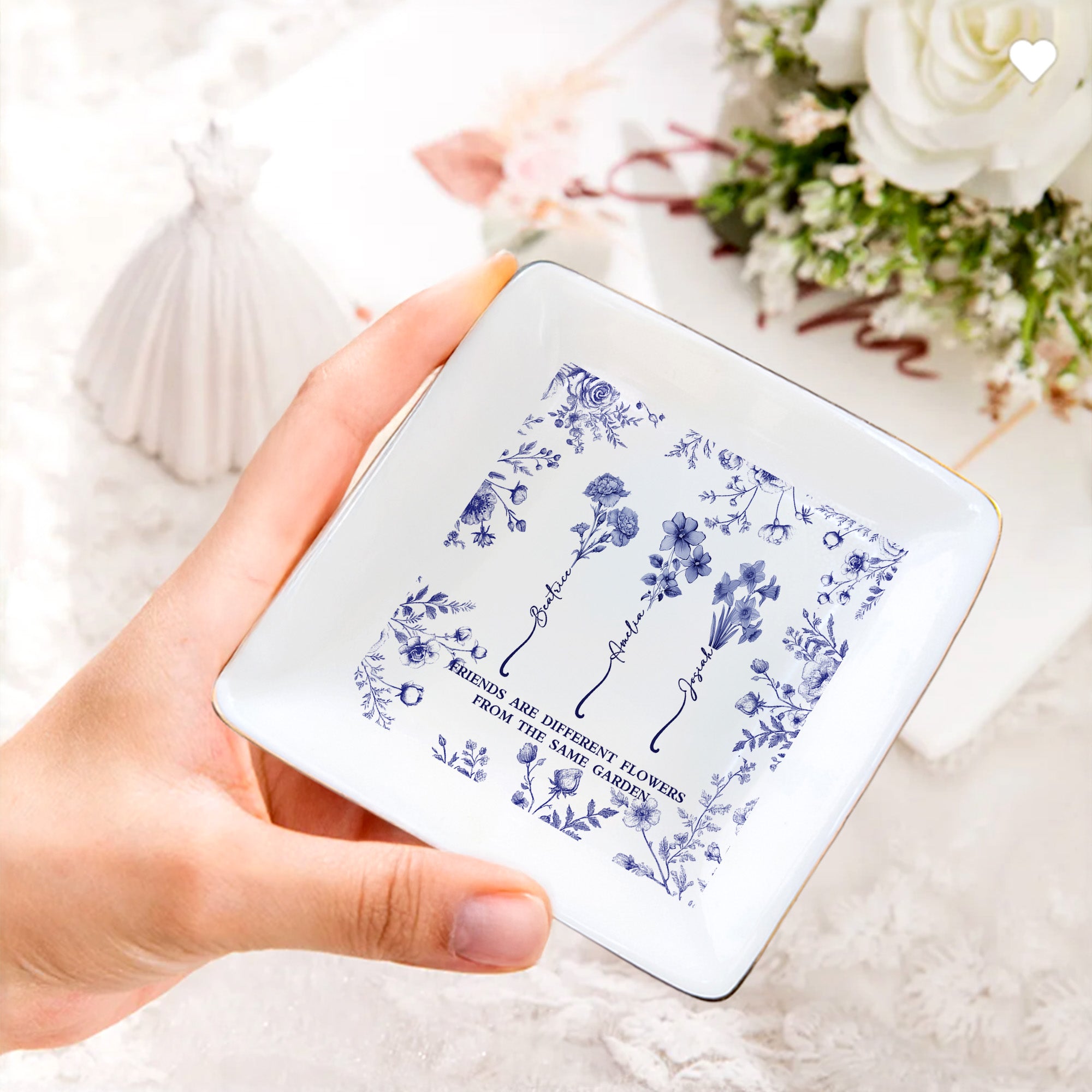 Personalizada Toile De Jouy Diseño Nacimiento Flor Amistad Joyería Plato con Nombre Día de Acción de Gracias Cumpleaños Regalo para las mujeres