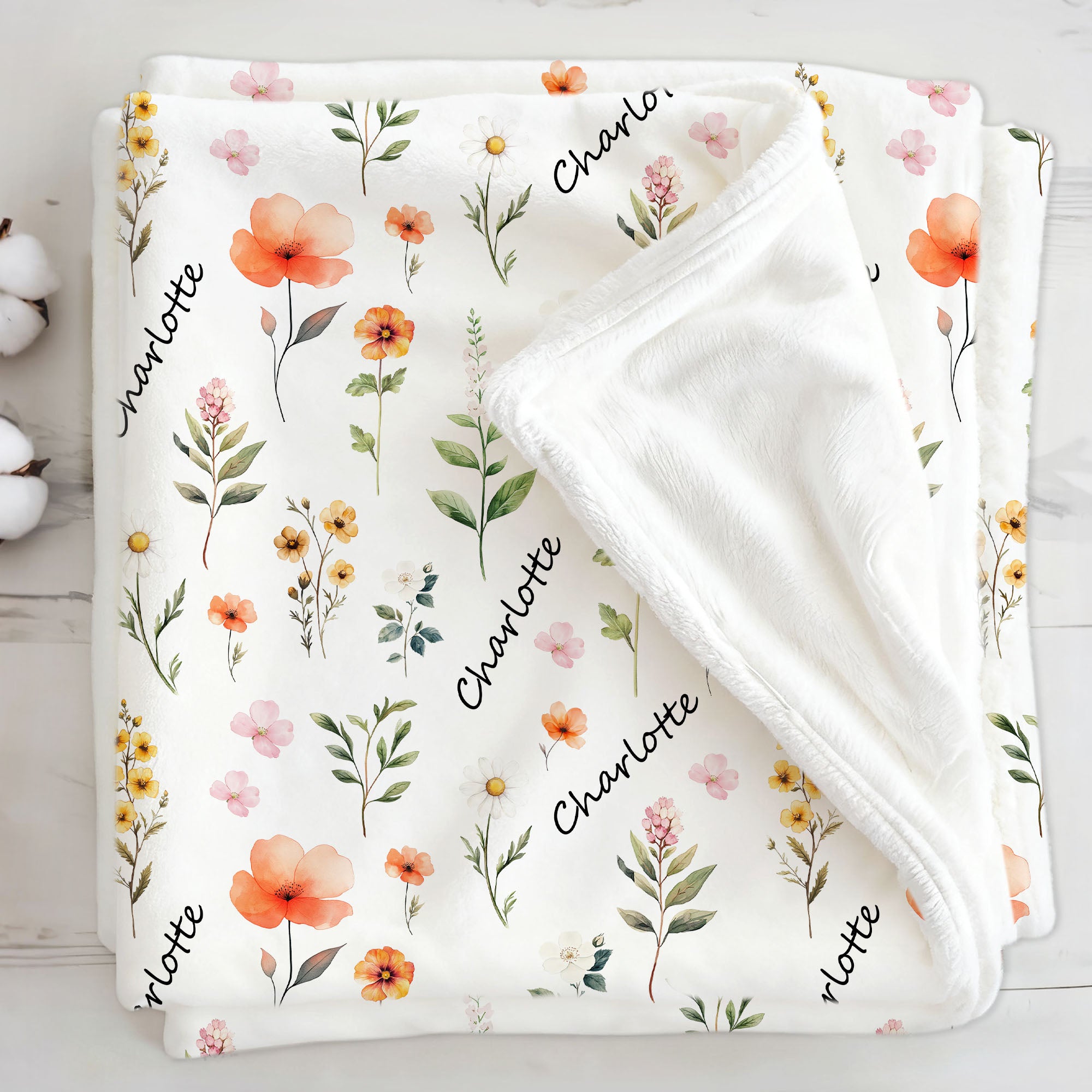Acuarela personalizada Flores silvestres Suave manta con nombre Decoración de la guardería Baby Shower Cumpleaños Regalo de Navidad para el bebé recién nacido