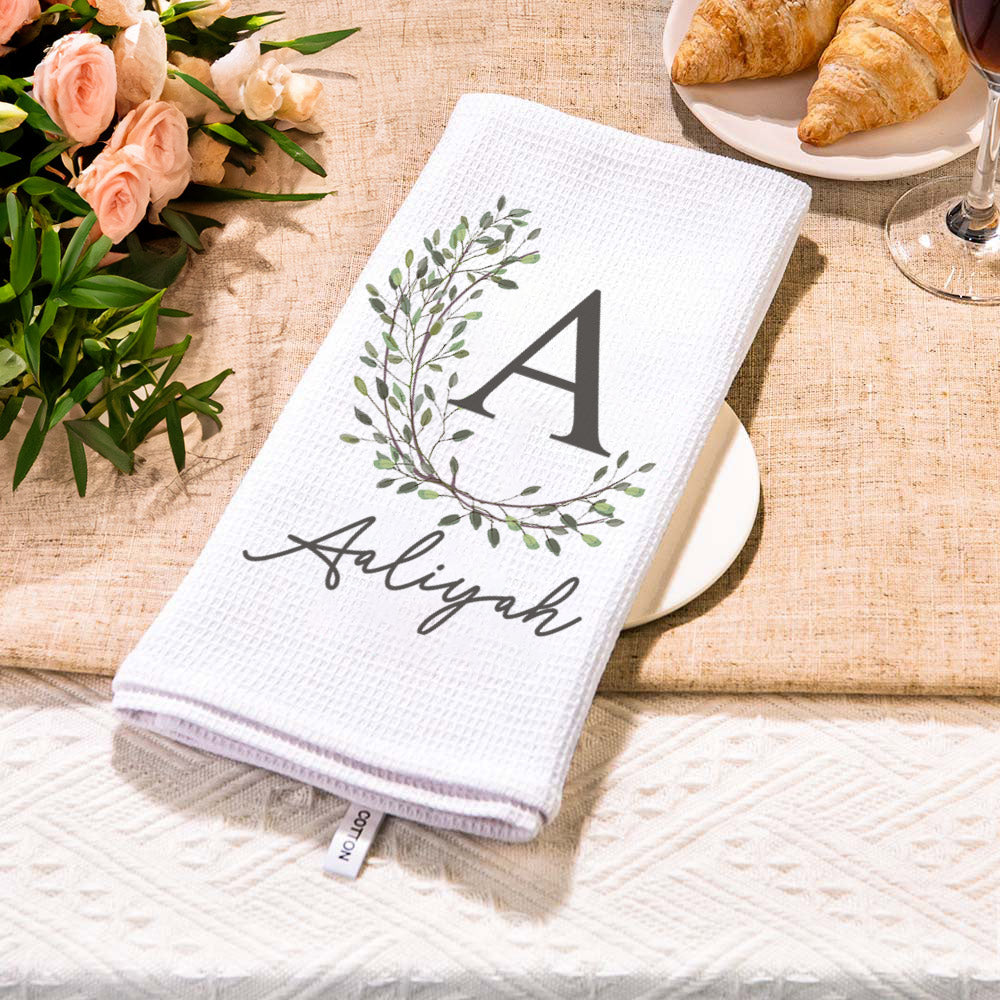 Personalizada Wreath Inicial Super Absorbente Waffle Toalla con Nombre y Fecha Escritorio Decoración Aniversario Boda Regalo para Amigo Familia