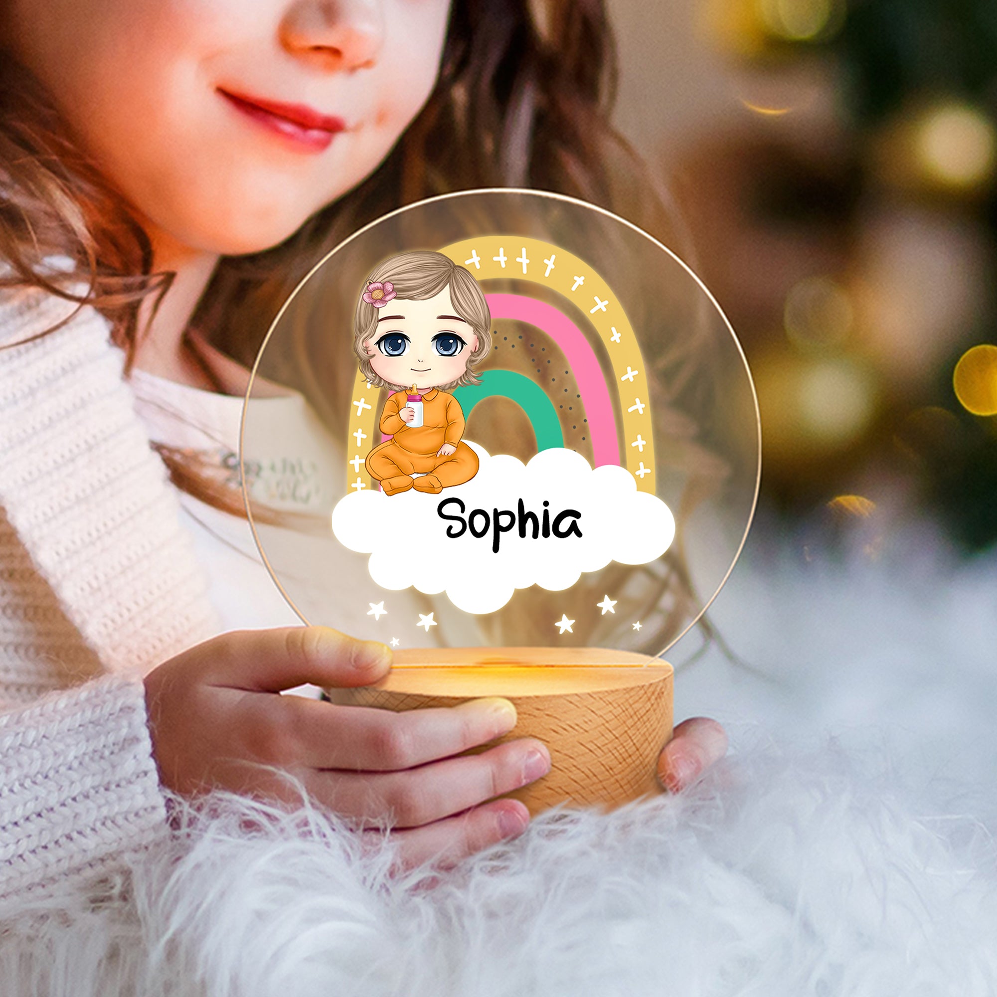 Lámpara de noche LED de acrílico, con base de madera y nombre, personalizada, de bebé, de dibujos animados, en forma de nube arco iris, para decoración de habitaciones, regalo de cumpleaños para niños