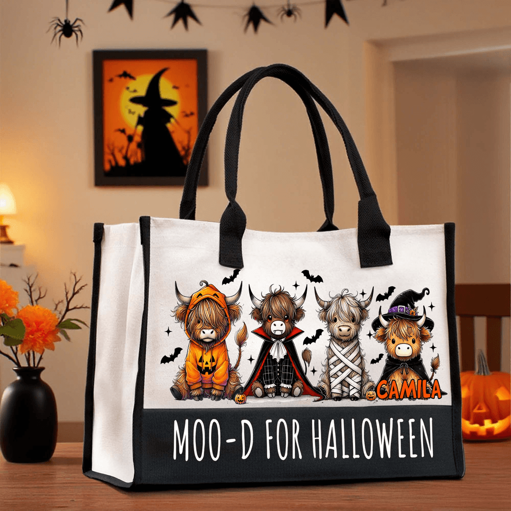 Disfraz de Halloween personalizado Highland Vaca Bolsa de lona grande con nombre Uso diario Fiesta de Halloween Regalo para la familia Amigo