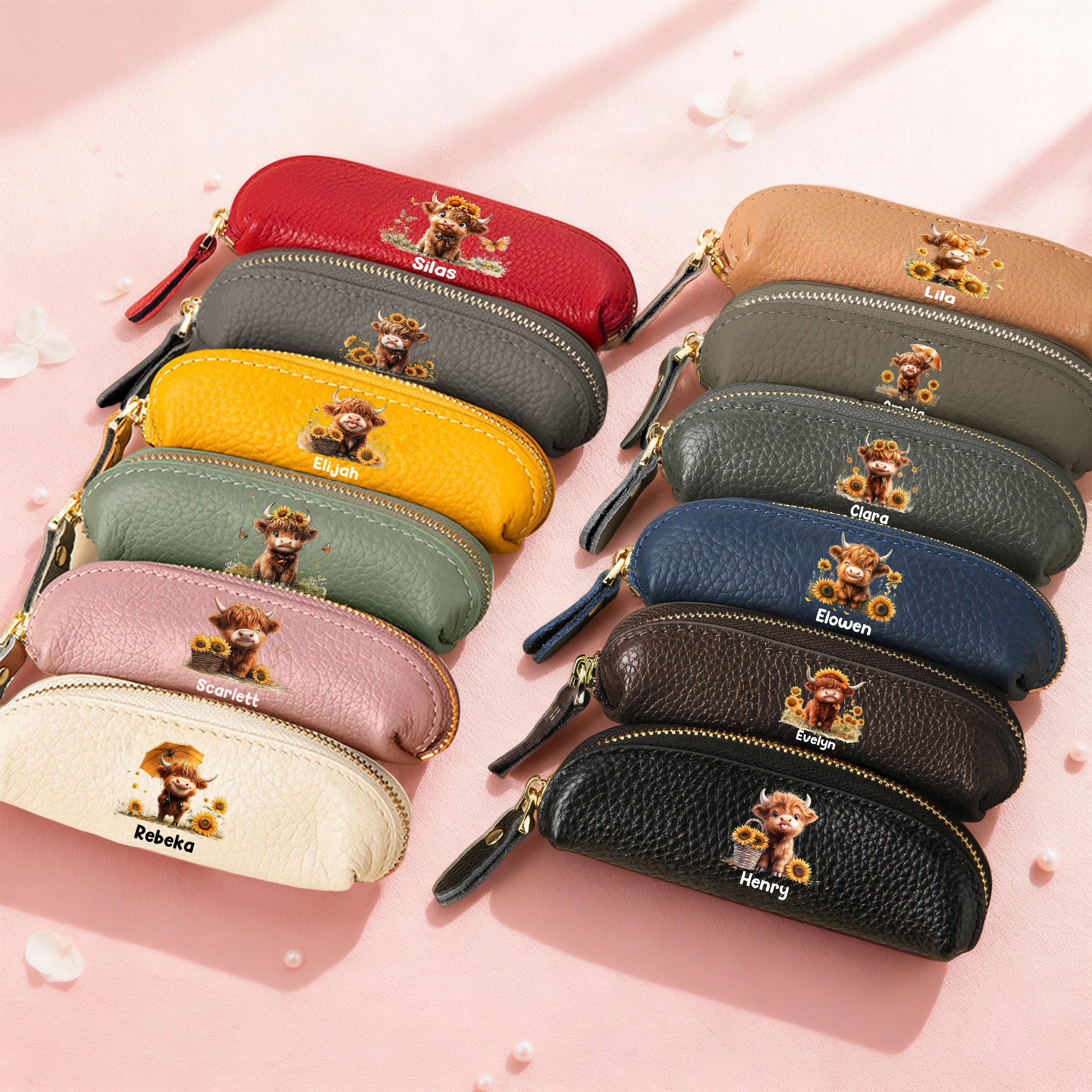 Personalizado Girasol Highland Vaca Mini PU Monedero de cuero con nombre Viaje esencial Cumpleaños Uso diario Regalo de Navidad para las mujeres
