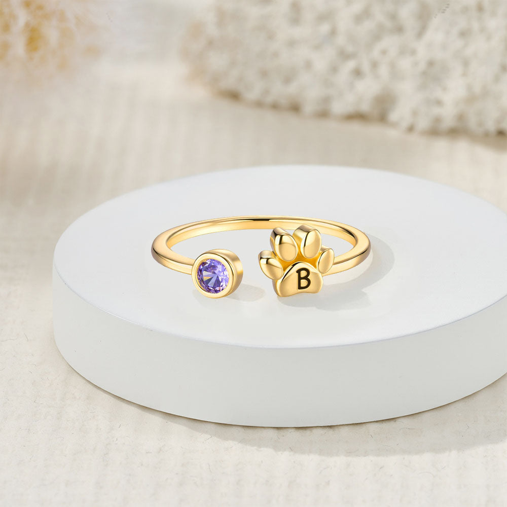 Personalizado perro pata de impresión piedra de nacimiento ajustable anillo abierto con grabado inicial de cumpleaños Memorial de recuerdo de regalo para las mujeres amantes de las mascotas