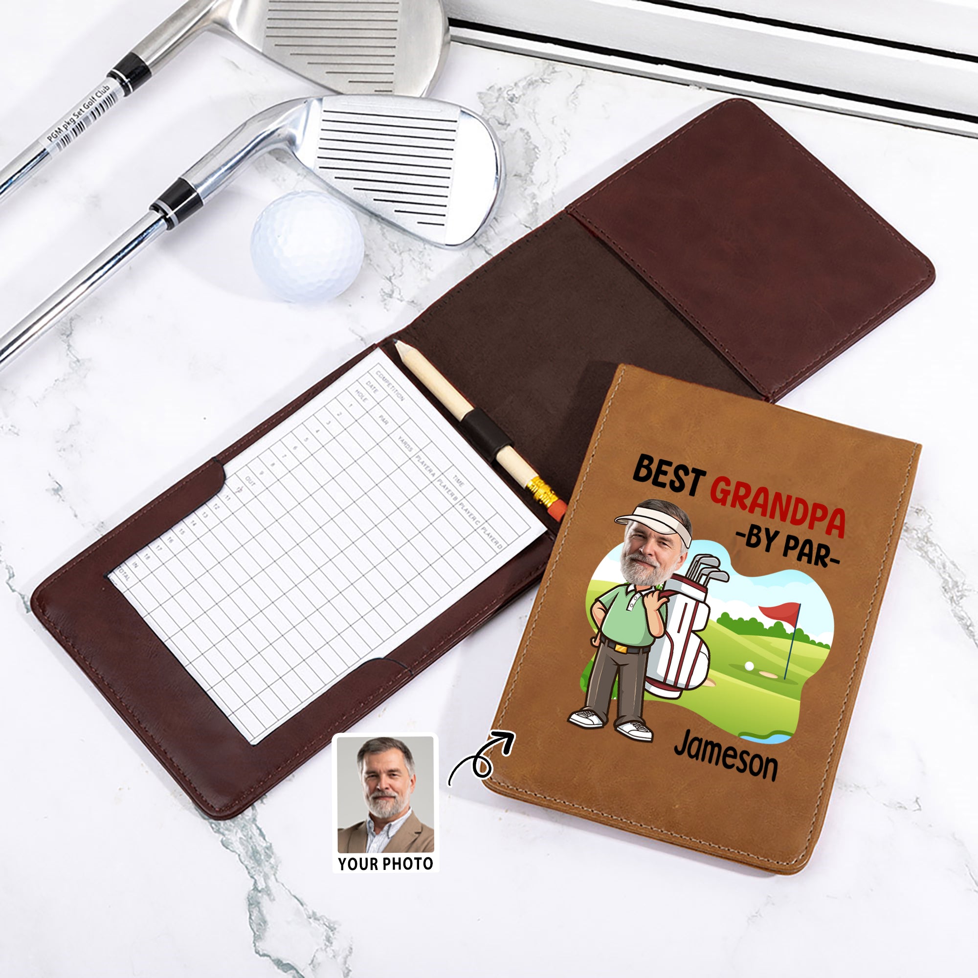 Personalizado Best By Par Cartoon Face Photo PU Leather Golf Scorecard Holder with Name Competition Training Accessory Birthday Gift for Golf Lovers