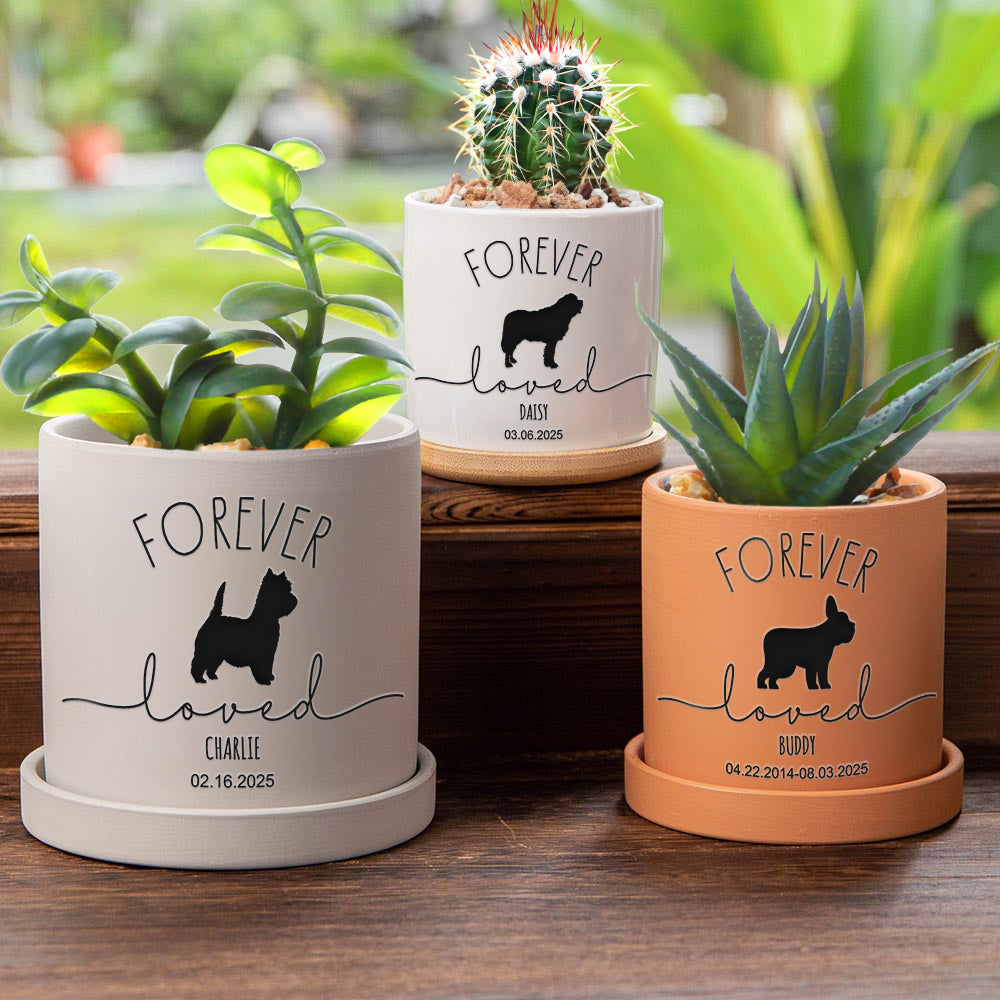 Silueta de perro personalizada Forever Love Maceta de cerámica con suculenta con nombre y base de bambú en memoria de la pérdida de Pey Regalo para dueños de perros