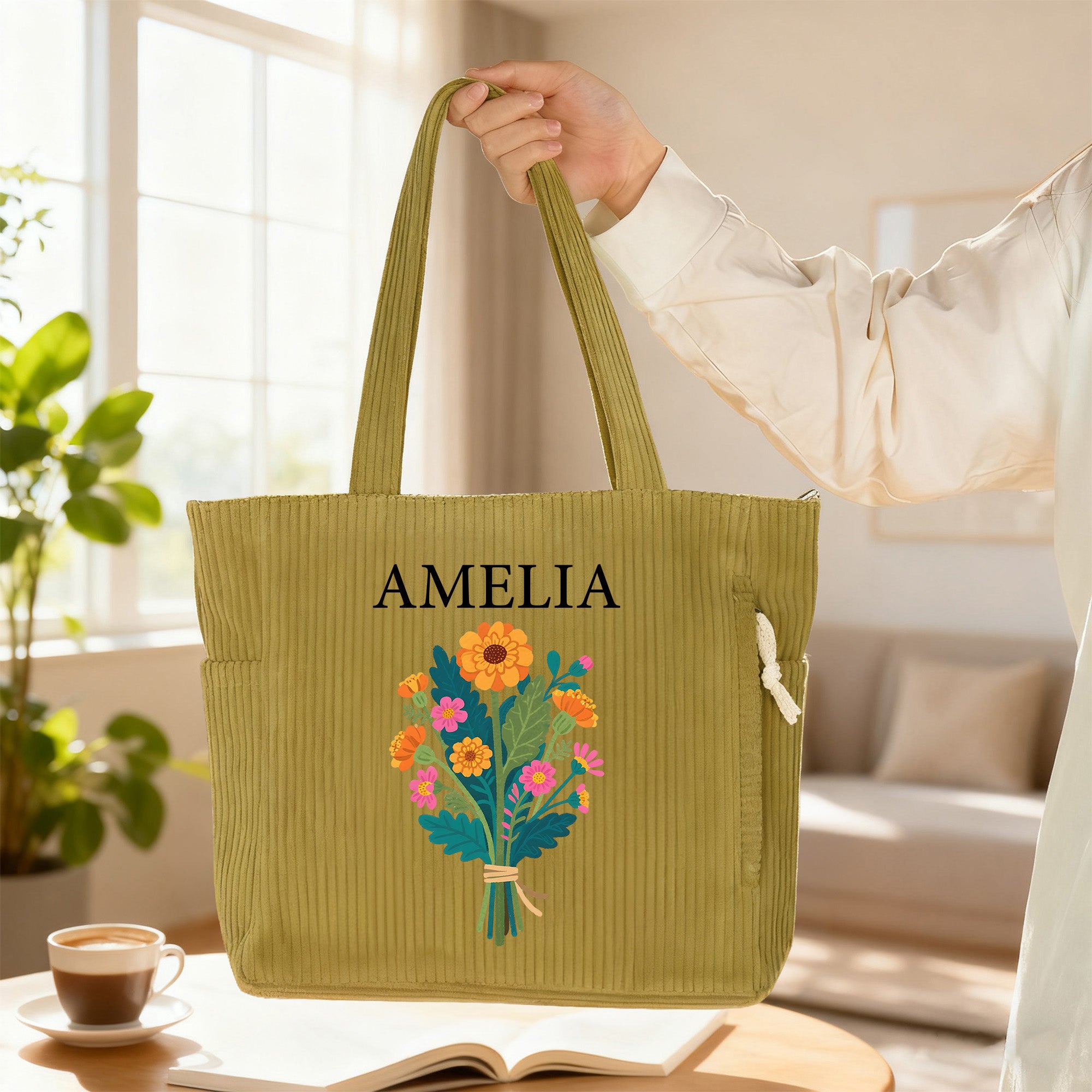 Personalizado Multi-Color Nacimiento Flor Bolsa de pana con nombre e inicial Uso diario Cumpleaños Regalo para Novia Mamá