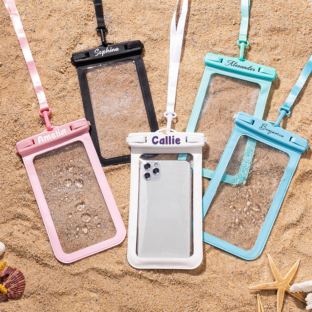 Funda transparente impermeable personalizada para teléfono con nombre y cordón desmontable Deportes al aire libre Actividades acuáticas Accesorios para la familia Amigo