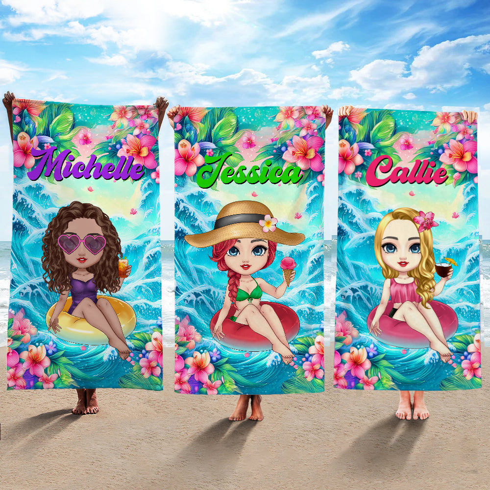 Toalla de playa de gran tamaño de secado rápido personalizada con el nombre de un personaje de dibujos animados del océano floral Fiesta en la piscina Vacaciones de verano Regalo de cumpleaños para mu