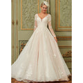 Bridal Wedding Dress Pink Long Sleeve Long V-Neck Ball-Gown Princess