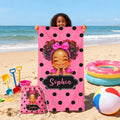 Toalla de playa y bolsa de secado rápido personalizadas 2 en 1 con nombre de lunares de dibujos animados para niñas negras