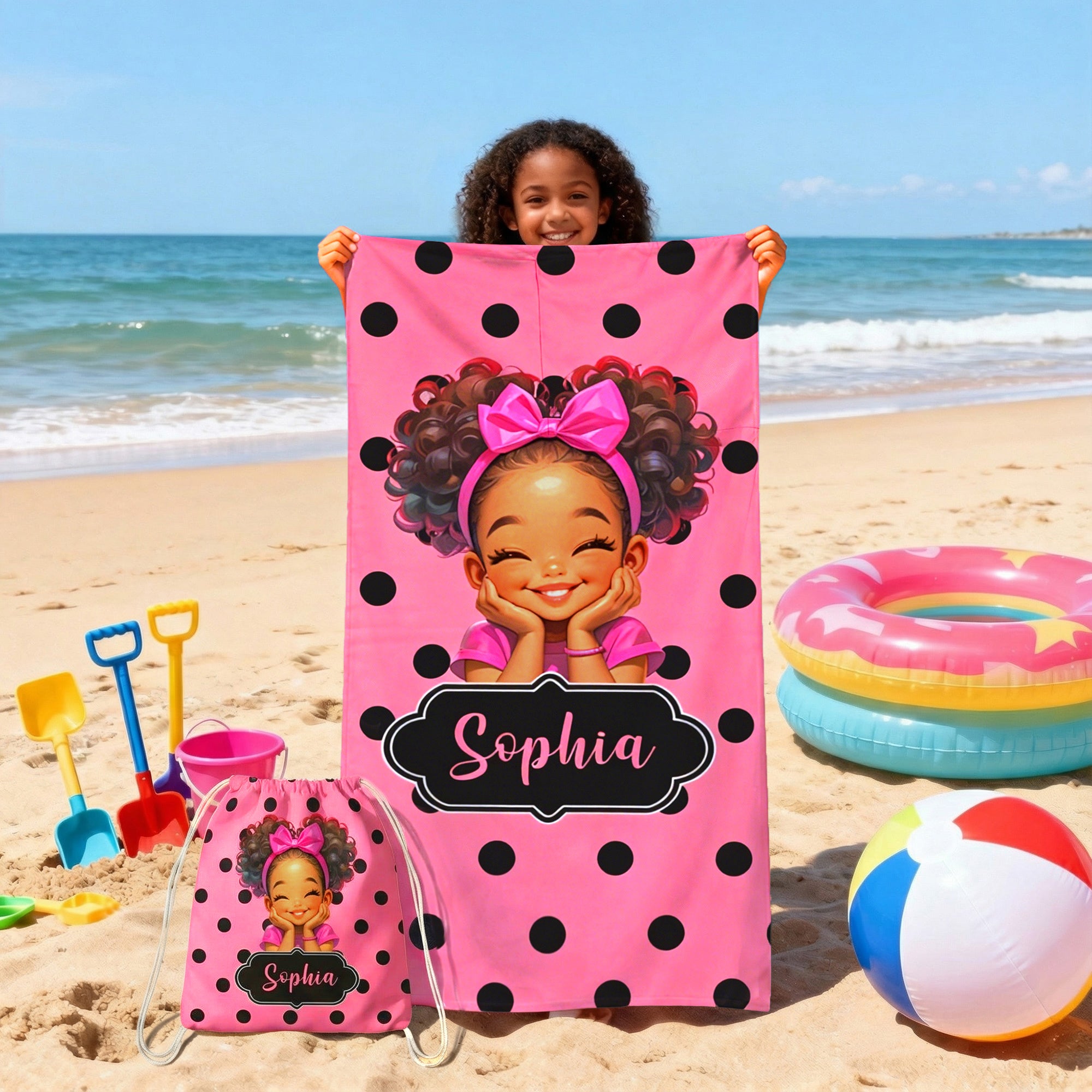 Toalla de playa y bolsa de secado rápido personalizadas 2 en 1 con nombre de lunares de dibujos animados para niñas negras