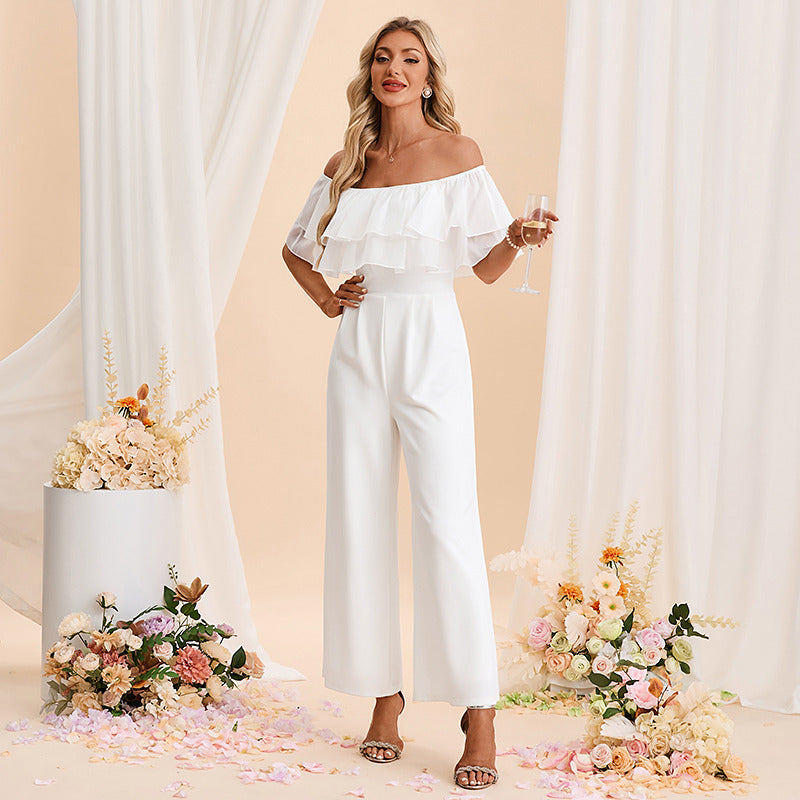 Bridal Wedding Dress White Short Sleeve Long Off the Shoulder Jumpsuits