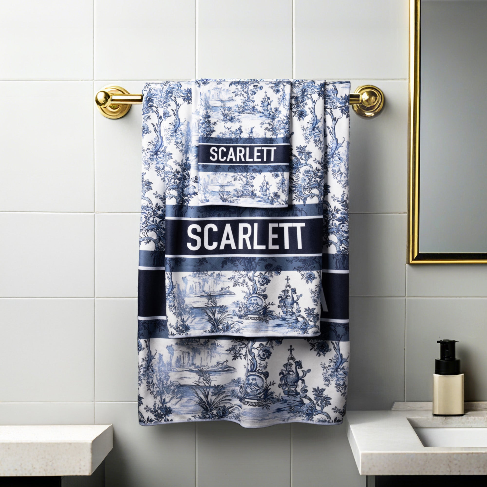 Toile De Jouy Personalizado Cara Mano Toalla de Baño con Letras y Nombre Comedor Baño Decoración del Hogar Regalo para Parejas Nuevo Hogar Familia