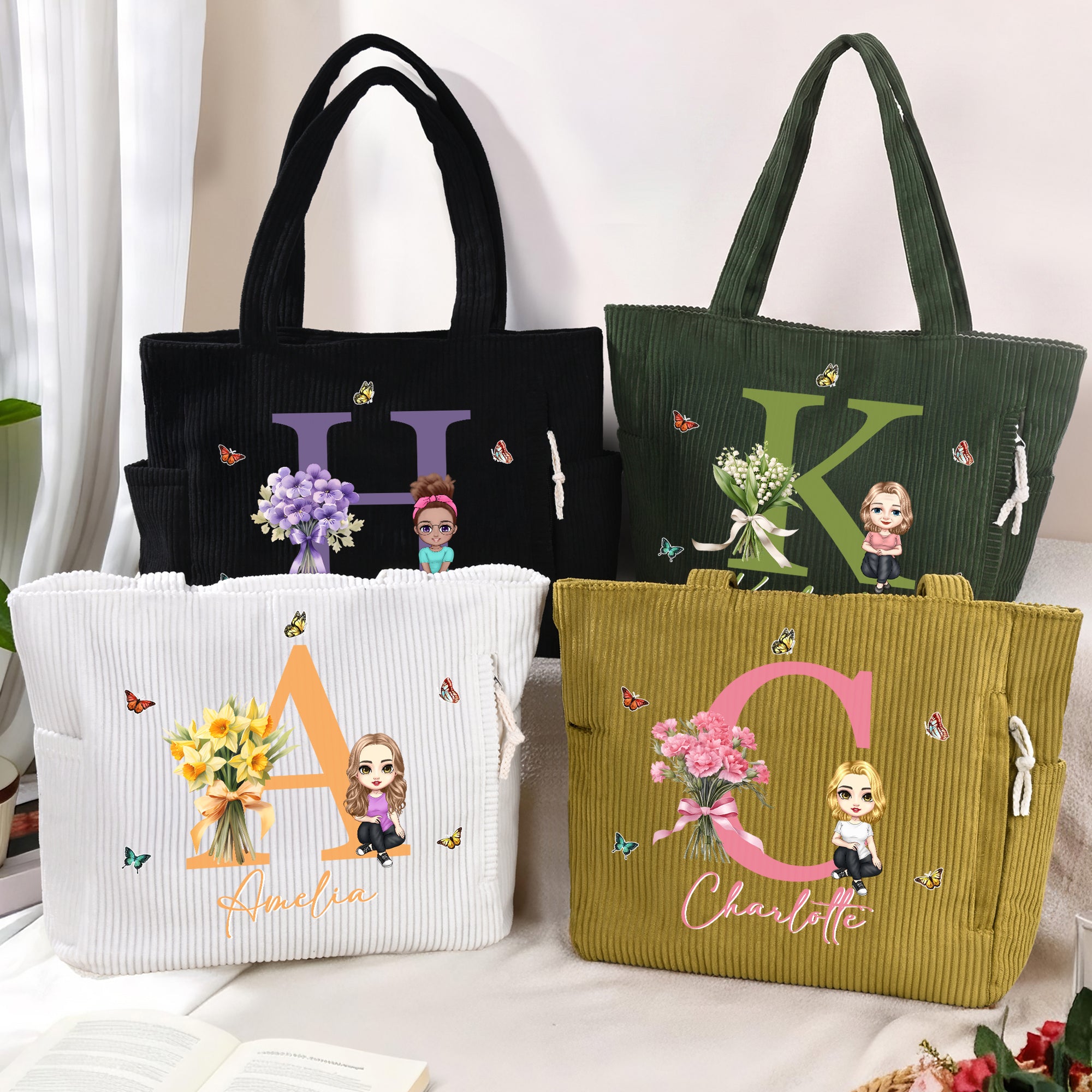 Bolso tote de pana personalizado de gran capacidad con personaje animado inicial ramo de flores de nacimiento y nombre regalo de cumpleaños para mujer