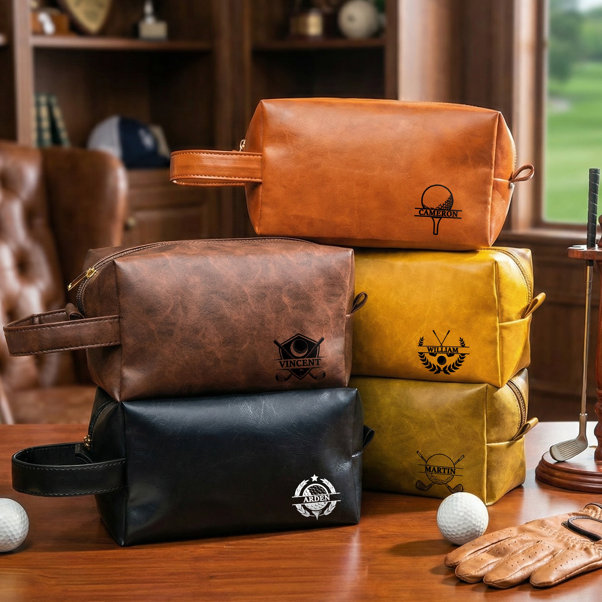 Bolsa de aseo de cuero de PU personalizada con diseño de pelota de golf y texto Accesorios de viaje Regalo de cumpleaños de palo de golf para marido amante del golf