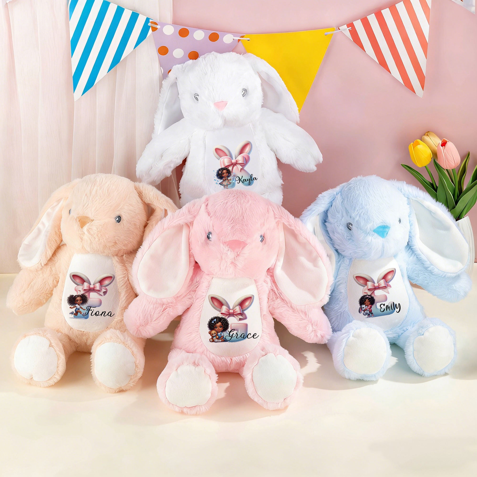 Personalizado Pascua Negro Niña Conejo Orejas Lazo Inicial Suave Conejito Peluche Juguete con Nombre Primera Pascua Regalo para Recién Nacidos Niños