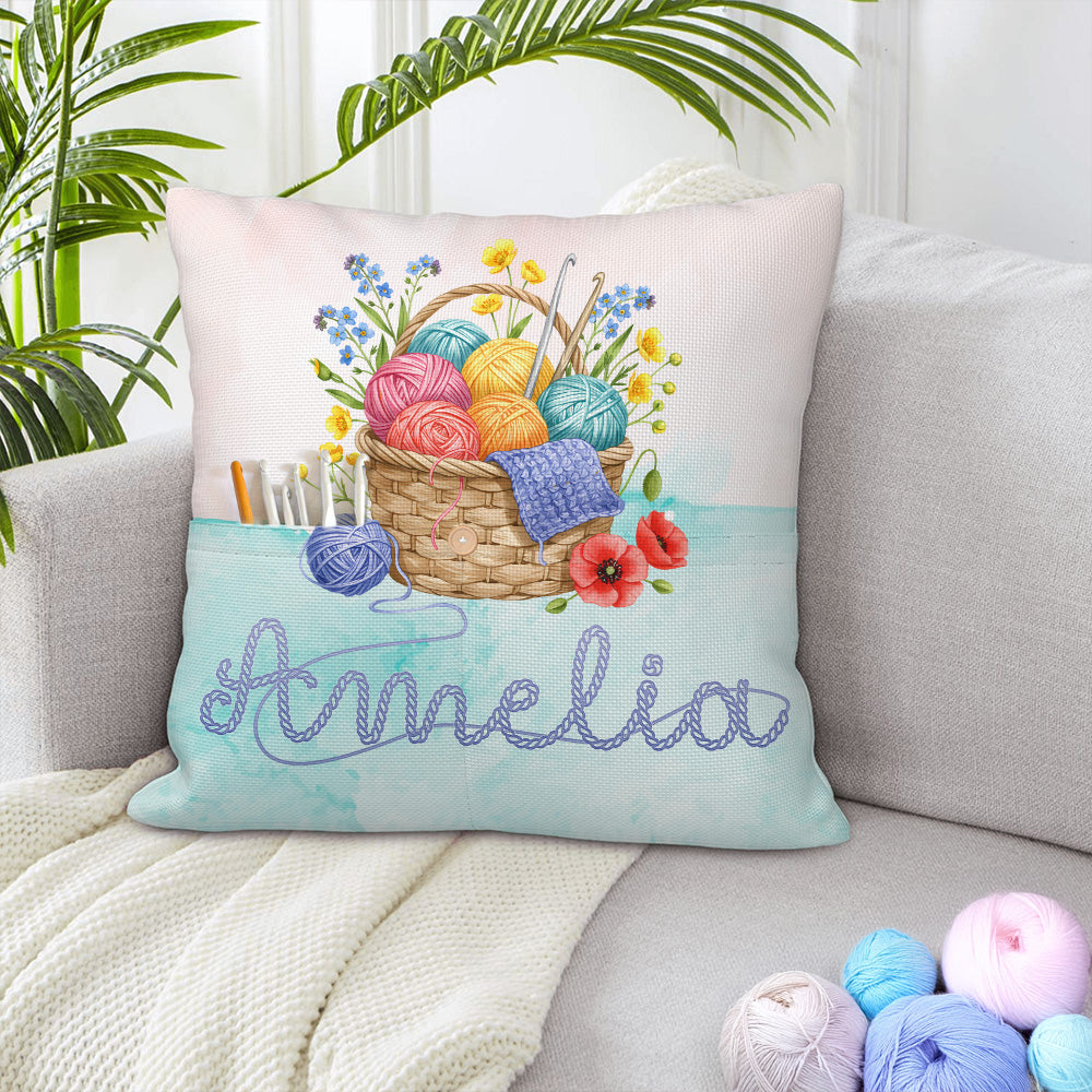 Funda de cojín de ganchillo floral personalizada con nombre y bolsillos Decoración del hogar Regalo de inauguración de la casa para los amantes del punto