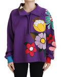 Women's Purple Floral Print Pullover Cotton Sweater Polyester Clothing