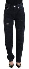 Women's Black Cotton Tattered High Waist Denim Jeans Elastane Clothing
