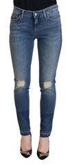 Women's Blue Washed Cotton Tattered Denim Jeans Elastane Clothing