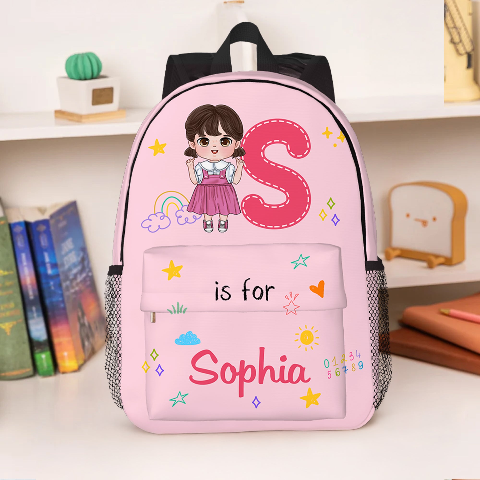 Mochila infantil grande con nombre y bolsillos laterales personalizada con iniciales de personajes de dibujos animados Regalo de cumpleaños de vuelta al cole para niños Niñas