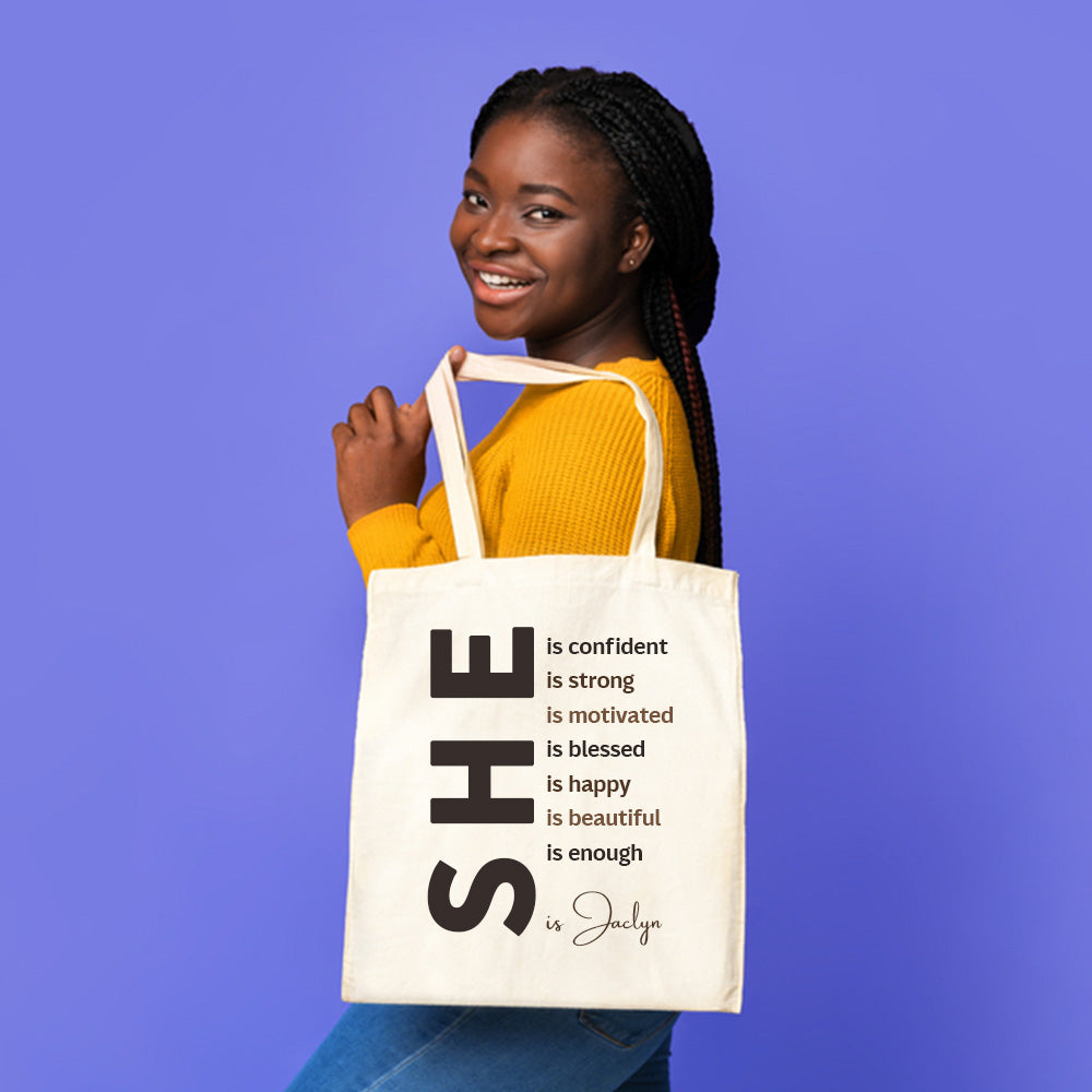 Self Care She Is Motivated Bolsa de lona grande personalizada con nombre y frases inspiradoras Regalo de ánimo y afirmación para mujer