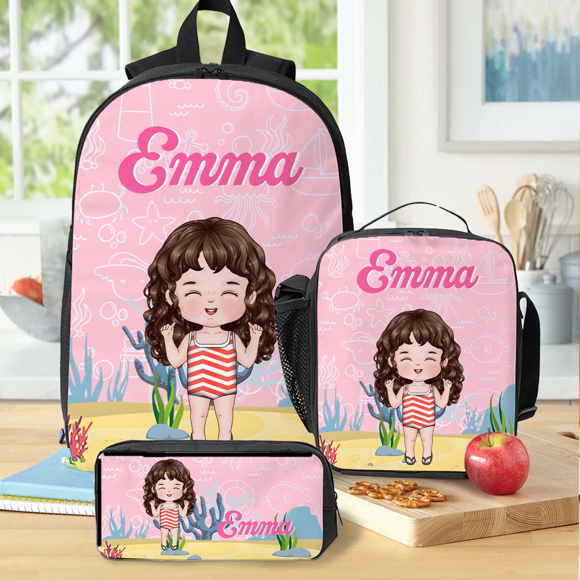 Personalizado Lindo Personajes de dibujos animados Multicolor Mochila Bolsa de almuerzo Estuche con nombre de vuelta a la escuela Regalo de cumpleaños para niños Niñas