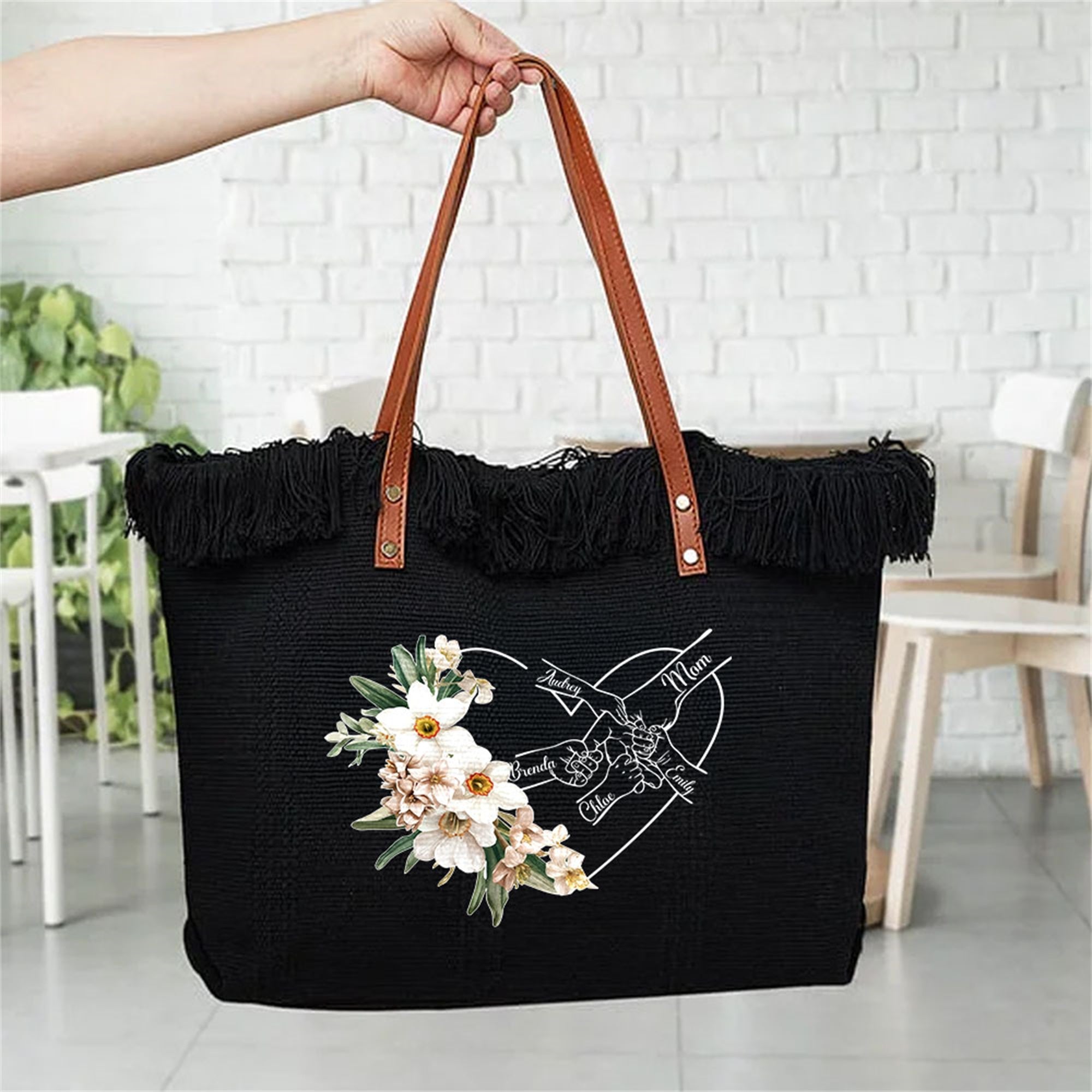 Personalizada Corazón Nacimiento Flor Borla Lienzo Grande Bolsa Tote con 1-6 Puños de Niño y Nombres Uso Diario Día de la Madre Cumpleaños Regalo para Mujeres
