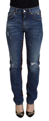 Women's Blue Checkered Back Skinny Denim Jeans Cotton Clothing
