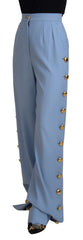 Women's Light Blue Button Wide Leg Pants Wool