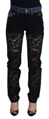 Women's Black Floral Lace Front Skinny Denim Jeans And Blue Cotton Clothing
