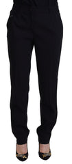Black Tapered Women Wool Pants Silk Elastane