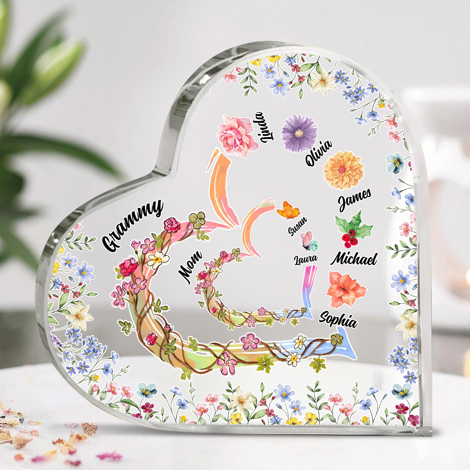 Placa acrílica personalizada en forma de corazón con los nombres de la mariposa de la flor del nacimiento Decoración del hogar Regalo del día de la madre para la abuela de la mamá