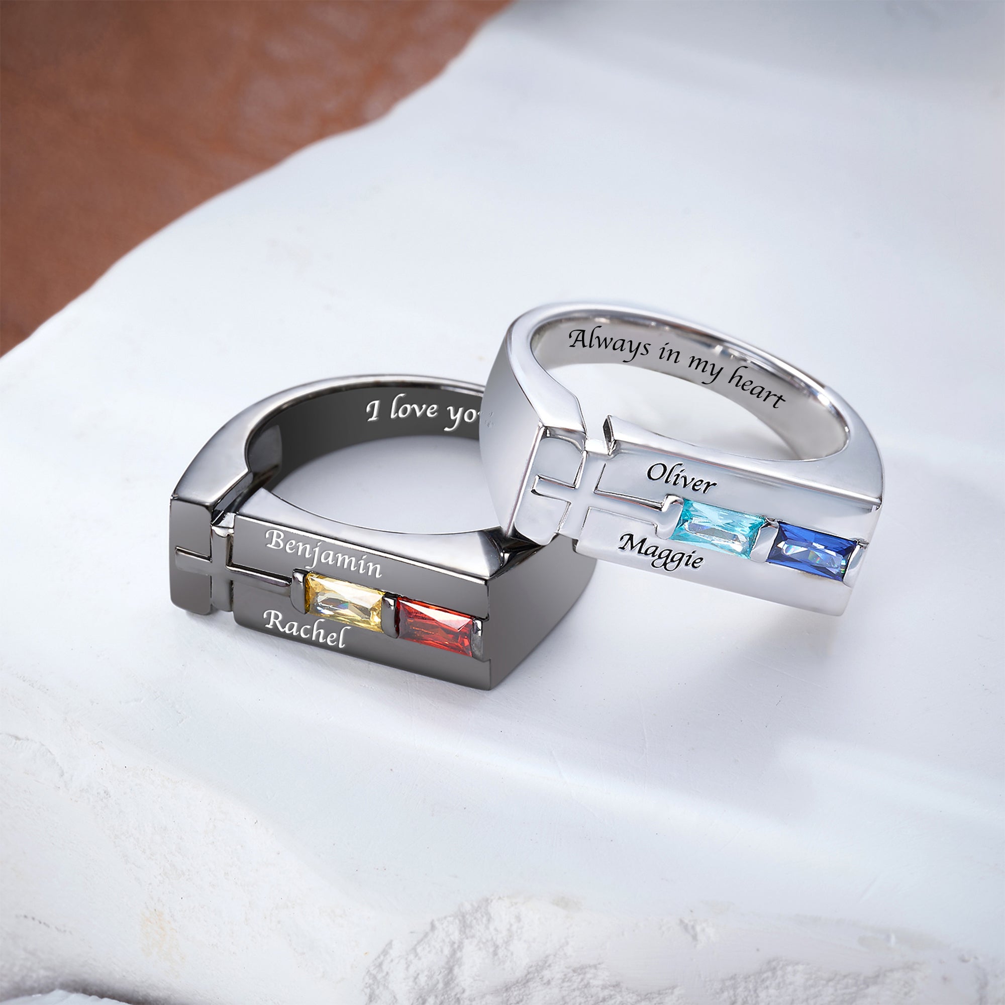 Personalizado 1-2 Piedras de Nacimiento Cruz Anillo de Promesa con Nombre y Texto Grabado Dainty Joyería Cumpleaños Aniversario Regalo para Hombres Cristianos