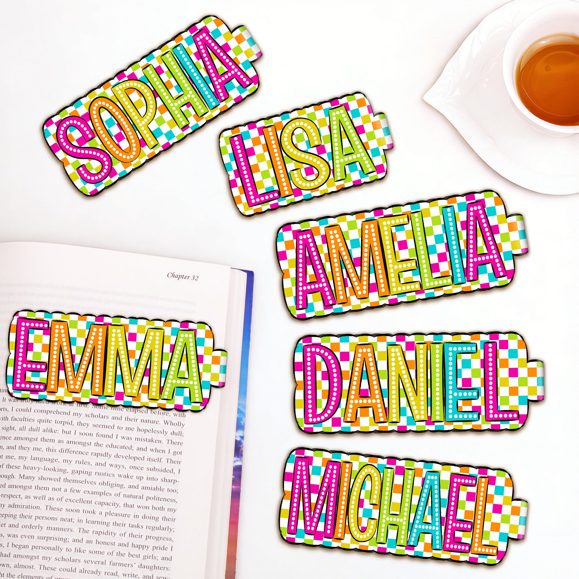 Personalizado brillante colorido Plaid magnético Bookmark Clip con el nombre de papelería regalo de cumpleaños para los amantes del libro