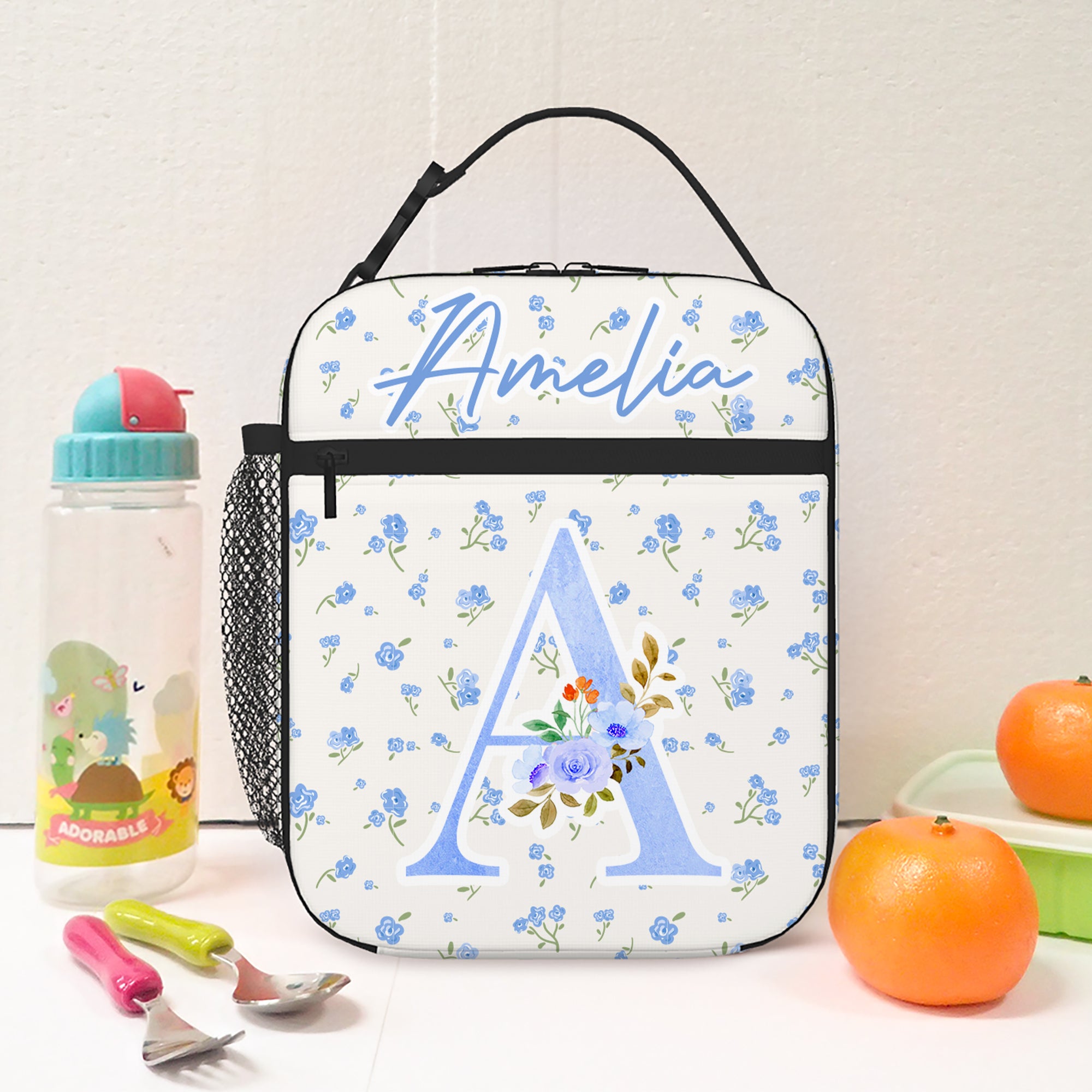 Bolsa de almuerzo personalizada con lazo simple y nombre floral y bolsa de malla Regalo de cumpleaños de vuelta al cole para niños Niñas
