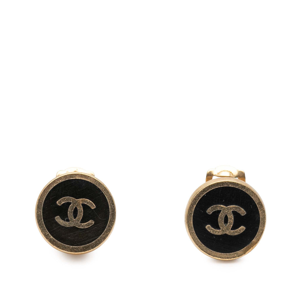 Gold Plated and Enamel CC Round Button Clip On Earrings
