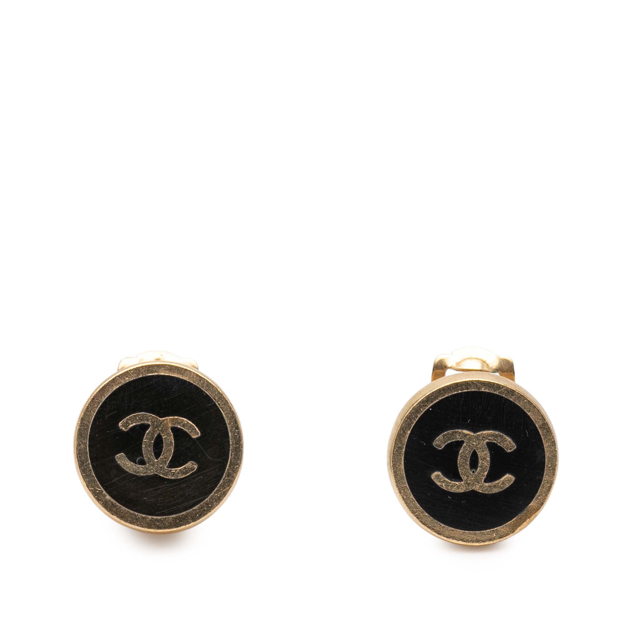 Gold Plated and Enamel CC Round Button Clip On Earrings